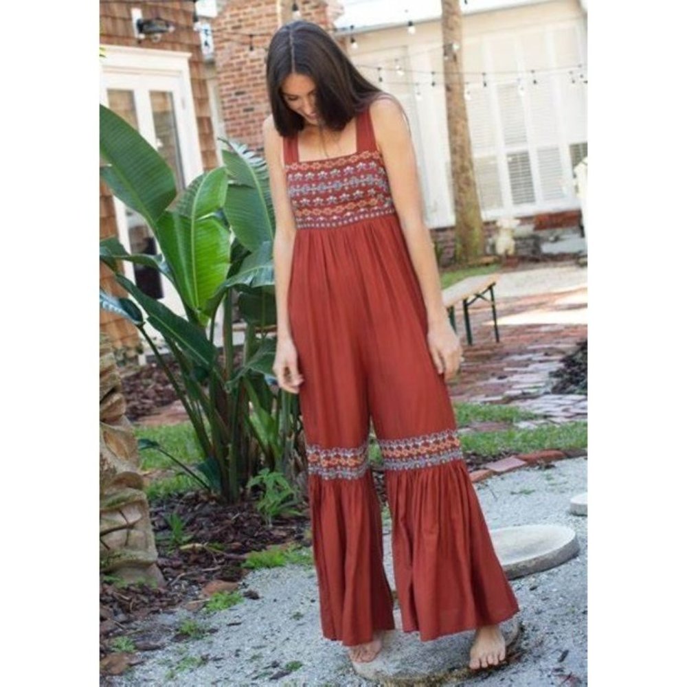 Hannah rust Wide leg ruffle jump suit with embroidered trim size XL
